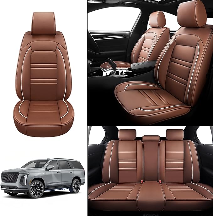 Seat Covers for Cadillac Escalade 2000-2025 | 5-Seats Leather Seat Covers, Easy to Install Automotive Seat Covers Full Set (Full Set, Coffee)