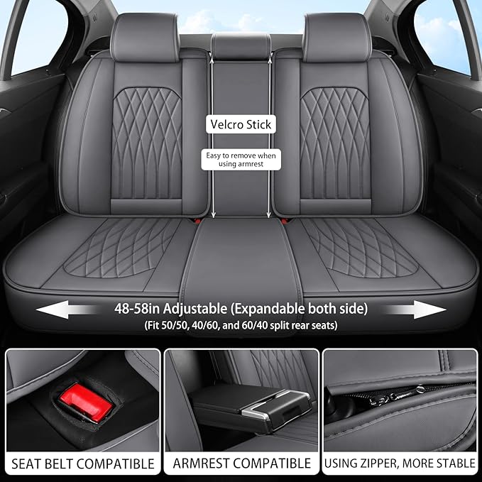 WELLDO Car Seat Covers Full Set, Faux Leather Seat Covers for Cars, Car Seat Protector Waterproof, Non-Slip Car Interior Covers Full Set Universal Automotive Seat Covers for Most Cars SUVs, Gray