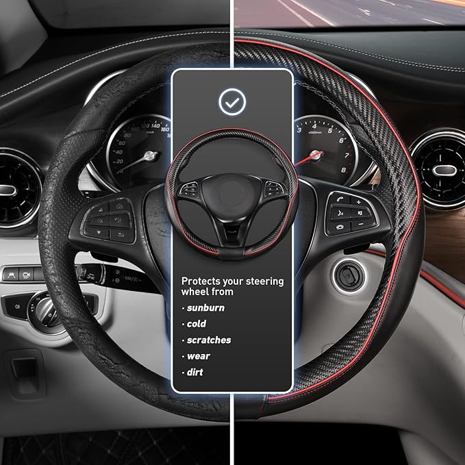 SEG Direct Car Steering Wheel Cover Universal Standard Size 14 1/2"-15" Leather with Carbon Fiber Pattern Black and Red