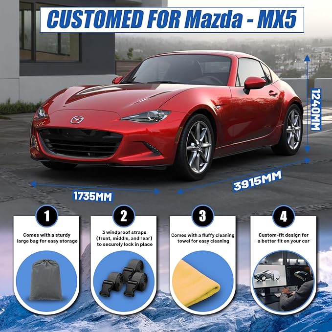 [2025 Upgrade] Car Cover Custom Fit for Mazda Miata MX 5 MX-5 MX5 Sedan Coupe (1990-2025), Waterproof All Weather for Automobiles Full Exterior Cover Rain Sun Snow UV Protector.