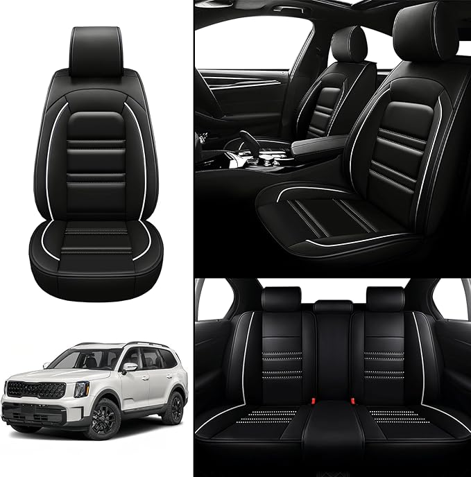Seat Covers for kia Telluride 2020-2025 | 5-Seats Leather Seat Covers, Easy to Install Automotive Seat Covers Full Set (Full Set, Black&White Line)
