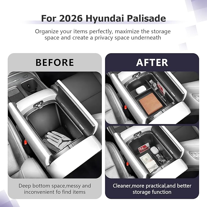 LUWU 2026 Palisade Center Console Organizer Compatible with 2026 Hyundai Palisade Accessories Armrest Console Organizer Armrest Insert Tray Palisade LX3 2026 Accessories Black 2-Pack