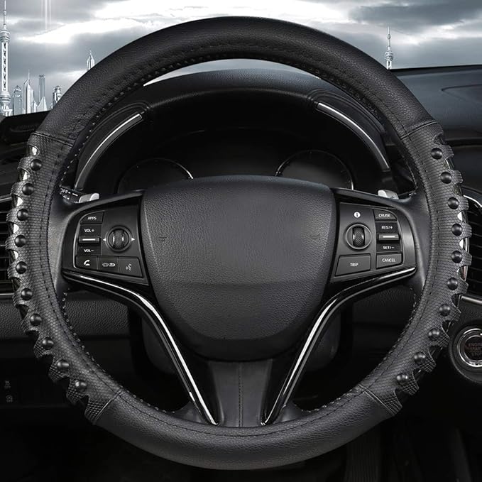 West Llama Microfiber Leather Car Steering Wheel Cover for Men Women,Universal Fit 14.5-15 inch(Leather Nails-Black-Standard Size)