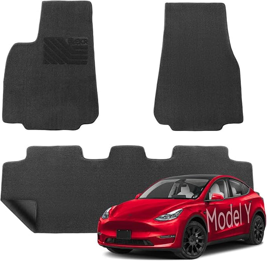 EKR Custom Fit Carpet Floor Mats for Tesla Model Y (5 Seat) 2019-2025, 0.5 Inch Thickness Rugs, Premium All Weather Anti-Slip Waterproof Floor Liners (Black Quick-Dry Blanket)