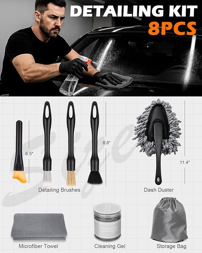 8PCS Car Detailing Brush Set, Interior Car Cleaning Kit with Dash Duster, 4 Detailing Brushes (Soft to Hard), Microfiber Towel, Cleaning Gel, for Vents, Dashboard & Leather Seats
