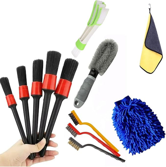 12pcs Auto Car Detailing Brush Set,Car Interior Cleaning Kit,Including 5pcs Car Detailing Brushes, 3pcs Wire Brush,1pc Rim Brush and Car Wash Gloves,1pc Dashboard Mini Brush and Wash Towels Car.