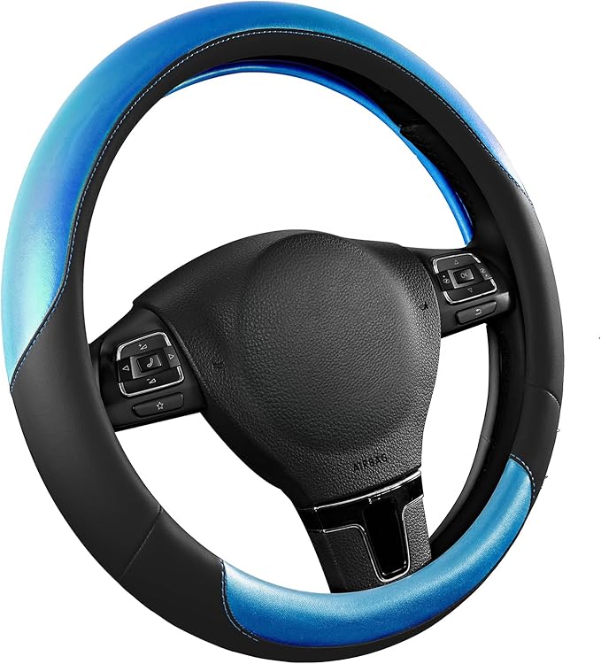 Road Comforts Steering Wheel Cover – Breathable Leather Steering Wheel Cover, Anti-Slip Grip, Universal Fit 14.5” to 15”, Heat & Cold Resistant for Cars, SUVs, and Trucks – Black & Metallic Blue