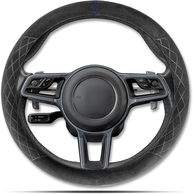 Alcantara Sports Steering Wheel Cover 14.5" to 15" Fit - Anti-Slip Comfort Grip, Durable Soft Suede-Feel Luxury Material for Men Drivers | Fits Sports Cars, Luxury Cars, Sedans, SUVs and EV