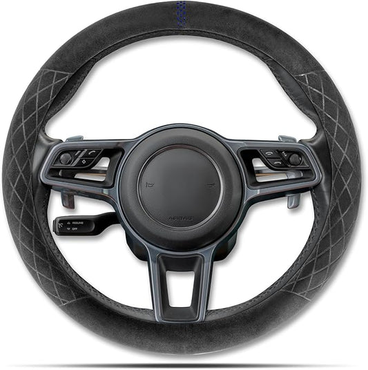 Alcantara Sports Steering Wheel Cover 14.5" to 15" Fit - Anti-Slip Comfort Grip, Durable Soft Suede-Feel Luxury Material for Men Drivers | Fits Sports Cars, Luxury Cars, Sedans, SUVs and EV