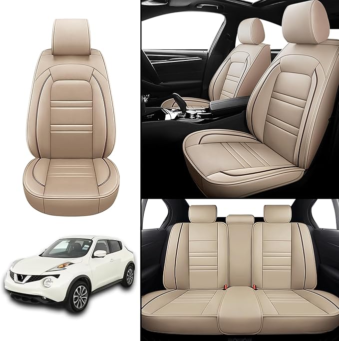 Seat Covers for Nissan Car Juke 2011-2017 | 5-Seats Leather Seat Covers, Easy to Install Automotive Seat Covers Full Set (Full Set, Beige)