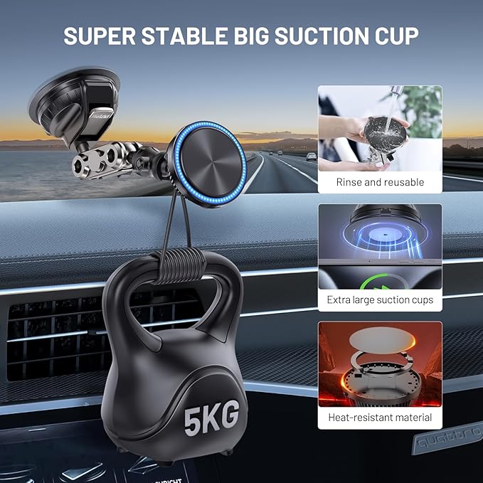 This Hill 15W Magnetic Wireless Car Charger Mount, Compatible with MagSafe, Phone Holder with 360° Suction Cup & Aluminum Alloy Telescopic Arm Compatible with iPhone 16 Pro Max 15 14 13 12
