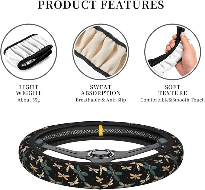 Various Dragonflies Colors Steering Wheel Cover for Women Girls, 15 Inches Anti-Slip Steering Wheel Cover for Auto Truck SUV
