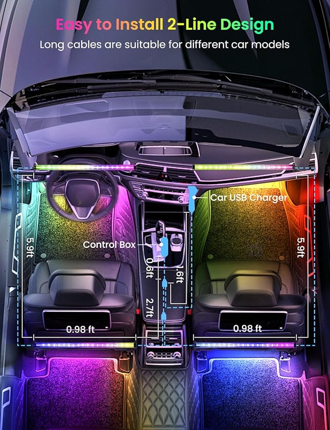 Pak Car LED Lights, Smart RGB+IC 72 LED Car Interior Light, 16 Million Colors Strip Light, APP Control, Music Mode, Scene Modes, 2 Lines Design with Car Charger, Under Dash Lighting for SUVs, Trucks