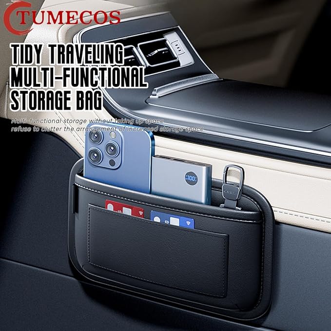 Tumecos Car Storage Bag Leather Small Debris Organizer Hanging Cell Phone Mobile Paste Type Bag for Stowing Tidy Universal Accessories（BlackA-2pcs）