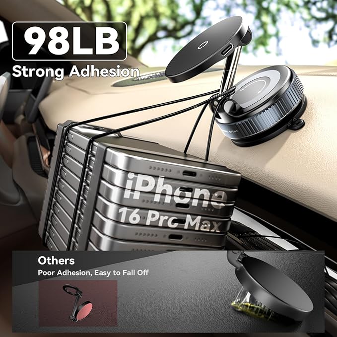 15W Fast Charging Magnetic Car Phone Holder [New Elastic Vacuum Suction Cup] 360° Adjustable Wireless Charger Car Mount for MagSafe iPhone 17 Pro Max 17 Pro 16 15 14 13 12