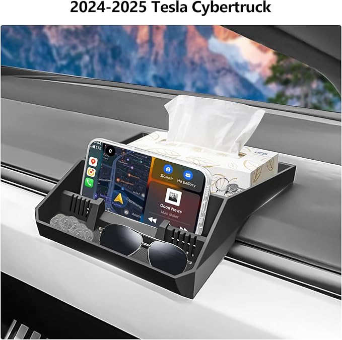 Tesla Cybertruck Hidden Screen Dash Storage Tray Cybertruck Center Console Organizer Dashboard Behind Screen Storage Box Phone Holder Safer Driving Avoid Distractions Cybertruck Accessories 2025 2024