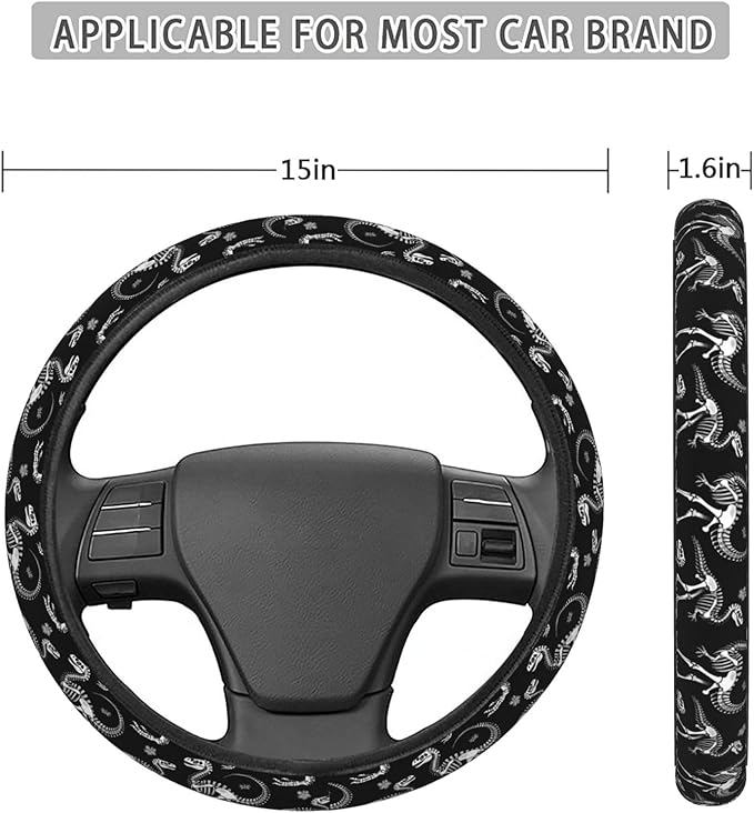 Dinosaur Skeleton Skull Steering Wheel Covers Anti-Slip Elasticity Car Accessories Steering Wheel Protector Universal 15 Inch for Cars SUV Vehicle Truck