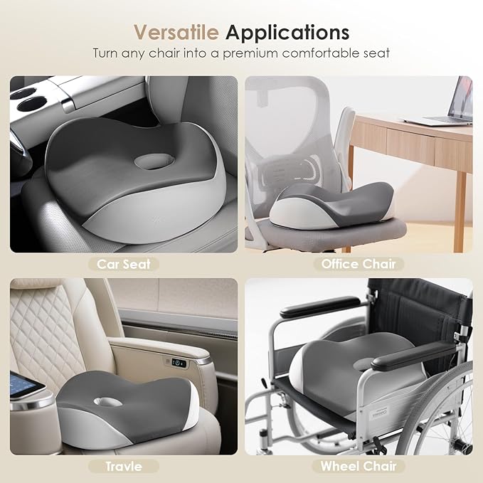 FLORICH Seat Cushion, Memory Foam Seat Cushion for Car Office Chair, Ergonomic Office Seat Chair Cushion for Sciatica Pain Relief, Larger Seat Cushion for for Long Sitting Office Workers - Grey