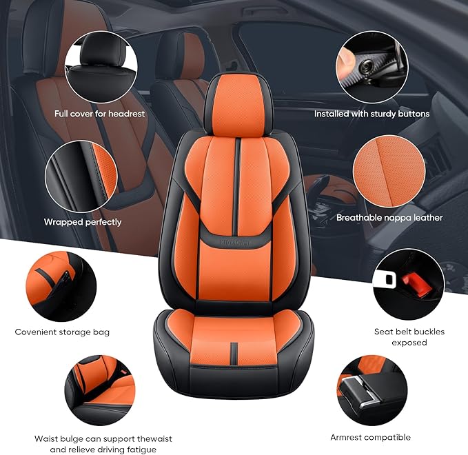 Auto Car Seat Covers Accessories Full Set Leather Cushion Protector Breathable Waterproof Seat Cover for Cars Universal Fit (Black&Orange, FullSet Without Headrest)