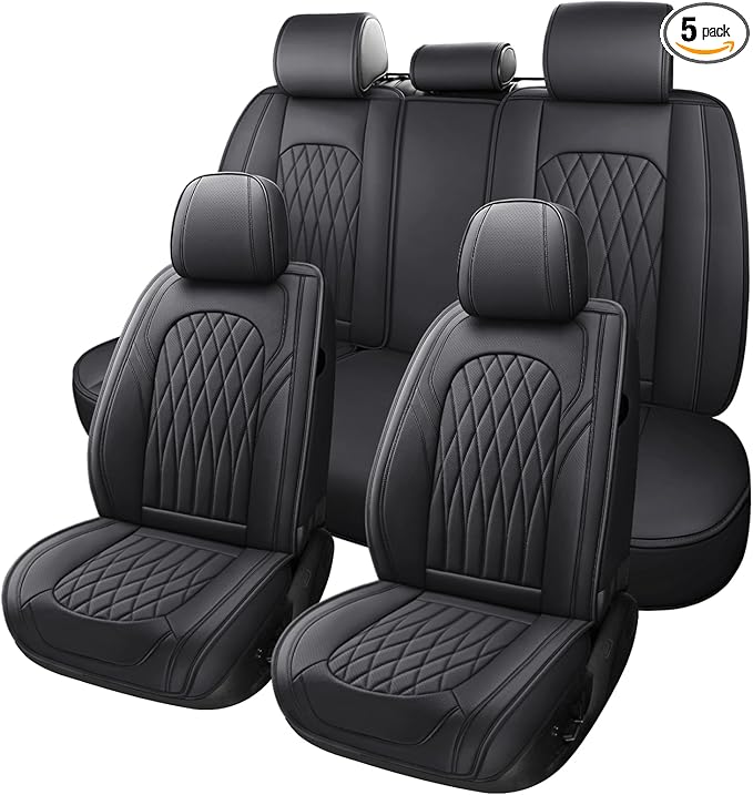 WELLDO Car Seat Covers Full Set, Leather Seat Covers for Cars, Car Seat Protector Waterproof, Non-Slip Car Interior Covers Full Set Universal Automotive Seat Covers for Most Cars SUVs, Black
