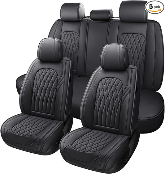 WELLDO Car Seat Covers Full Set, Leather Seat Covers for Cars, Car Seat Protector Waterproof, Non-Slip Car Interior Covers Full Set Universal Automotive Seat Covers for Most Cars SUVs, Black
