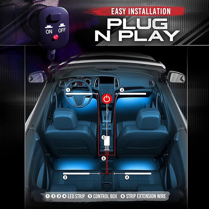OPT7 Aura Double Row Car LED Lights Interior 6pc with Wireless Remote Control, Multicolor Mode, Sound Active Function Inside Ambient Lighting Kit, Footwell Floor Decor, Charger Adapter 12V