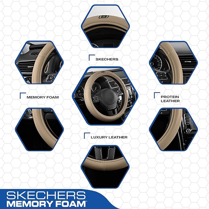 Skechers Memory Foam Steering Wheel Cover,Grade Protein Leather Steering Wheel Cover,Universal Fit 14" 1/2-15" Car Steering Wheel for Men Women Fit Suvs,Vans,Sedans,Car,Trucks,Beige