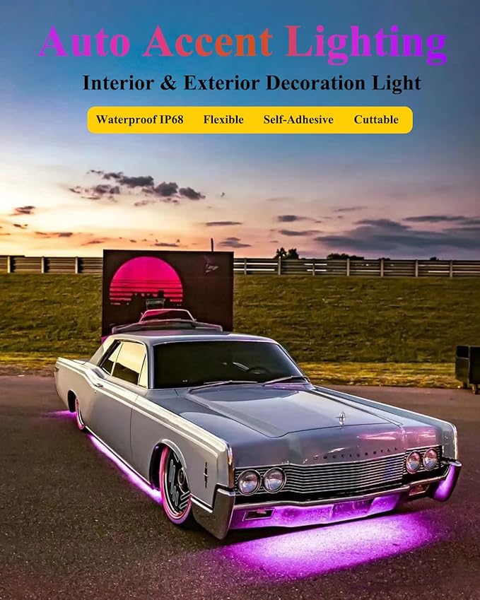 YM E-Bright Car Led Strip Lights Cuttable Underwater Marine Underglow Led Lighting for Boat Motorcycle Trucks Golf Cart Interior Exterior Waterproof IP68 24inch 60CM 72SMD 12v,Pink(Pack of 4)