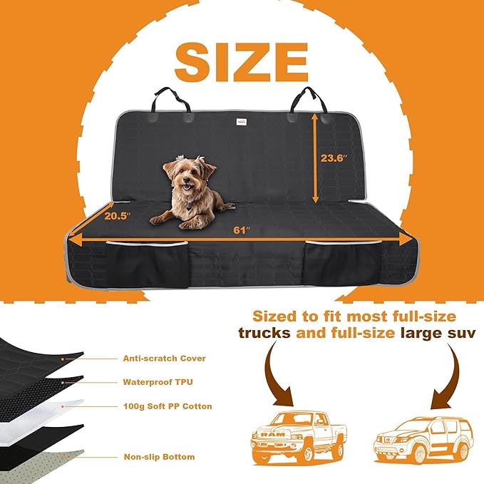 Dog Car Seat Cover for Back Seat,Washable Bench Seat Cover for Truck,Nonslip Backseat Cover Protector for F150/Ram1500/GMC Sierra/Toyota/Chevrolet Silverado,Car Seat Covers for Dogs