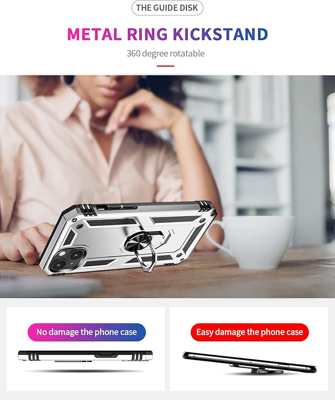 IKAZZ for iPhone 14 Plus Case 6.7 Inch with Screen Protector,Military Grade Shockproof Heavy Duty Protective Phone Cover Pass 16ft Drop Test with Magnetic Kickstand Car Mount Holder,Silver