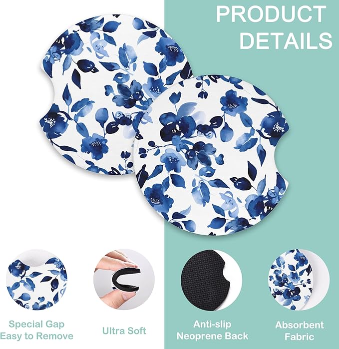 Watercolor Blue Flowers Steering Wheel Cover for Women Men,Anti-Slip Breathable Car Steering Wheel Cover Elastic Protection with 2 Pieces Car Coasters,Universal 15" Fit Auto,Suvs,Truck