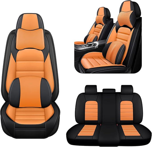 5 Car Seat Covers for Toyota RAV4 2000-2026 Breathable Leather,Waterproof Car Seat Protectors with Comfort Headrest Pillows,Automotive Vehicle Cushion with Storage Pockets (Luxury,Orange)