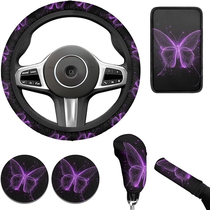 Butterfly Car Interior Accessories Purple Butterfly Car Steering Wheel Cover for Women Cup Coaster Handbrake Gear Cover Suit for Most Cars Truck Vans SUV 6pcs