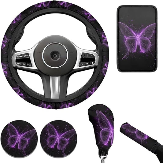 Butterfly Car Interior Accessories Purple Butterfly Car Steering Wheel Cover for Women Cup Coaster Handbrake Gear Cover Suit for Most Cars Truck Vans SUV 6pcs