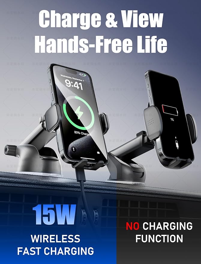 TOPGO Dashboard Wireless Car Charger, Universal Cell Phone Holder, Wireless Charger Phone Holder, 15W Fast Charging for iPhone 17 Pro Max, Samsung Galaxy - Black