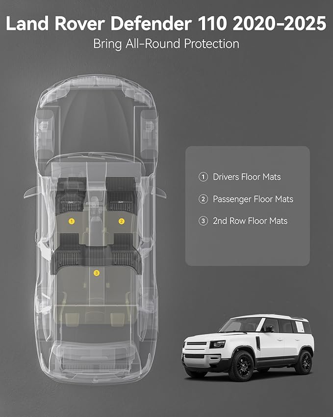 3W Floor Mats Fit Land Rover/Range Rover Defender 110 (4 Doors 5 Seat Only) 2020-2024 2025 (Not for Defender 110s/Rubber Flooring), TPE All Weather Custom Fit Floor Liner Full Set, Black