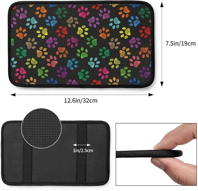 Dog Paw Prints Rainbow Colorful Foot Prints Auto Center Console Armrest Pad Universal Car Center Console Cover Seat Box Cover for Sedan, Van, SUV, Truck Car Accessorie