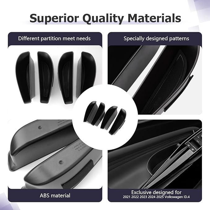 LUWU Door Side Storage Box Compatible with 2021 2022 2023 2024 2025 ID4 Accessories Side Organizer Tray 2025 ID.4 Center Console Organizer ABS Material Front & Rear Storage Box Black 4PCS