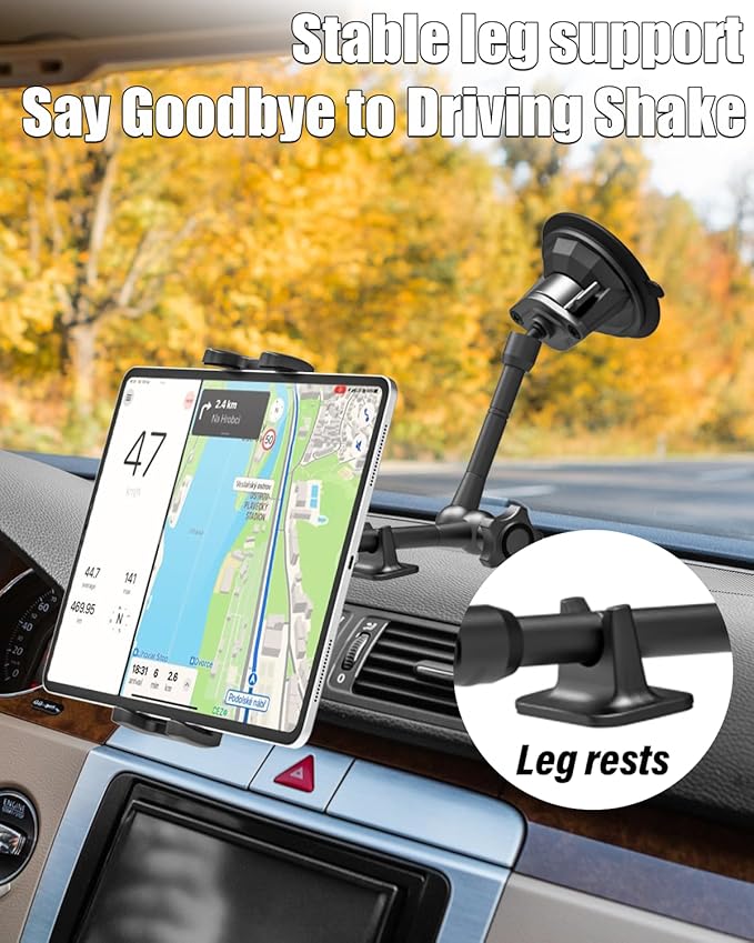 Charchendo Metal Car Windshield Tablet Holder with 10.43 inch Aluminum Alloy Arm, 360°Universal Adjustable Suction Cup Car Mount Fit for 4-13'' iPad Pro/Air/Mini, iPhones Galaxy Z Fold