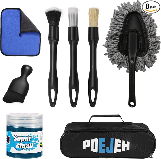 8-Piece Car Interior Cleaning Kit - 160g Jarred Gel (128% More Than 70g), Boars Hair Brushes, High-Density Microfiber Cloth, Ultra-Soft Duster - for Cars, Trucks