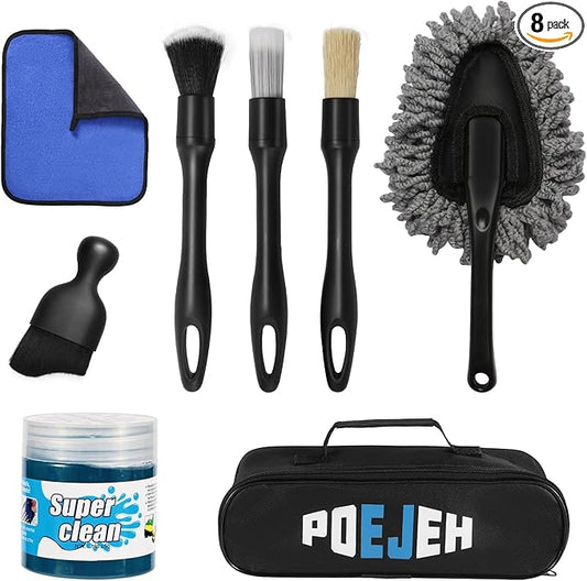 8-Piece Car Interior Cleaning Kit - 160g Jarred Gel (128% More Than 70g), Boars Hair Brushes, High-Density Microfiber Cloth, Ultra-Soft Duster - for Cars, Trucks
