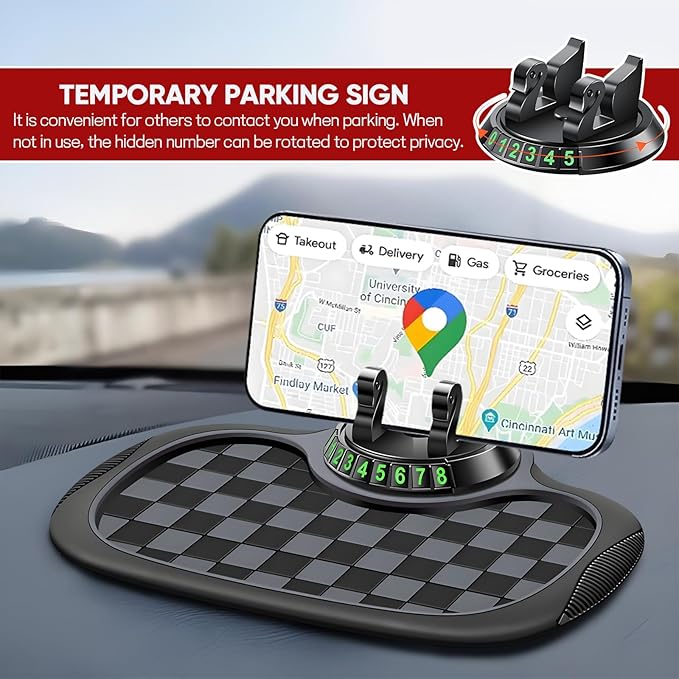 Wuyaoyao Multifunction Car Anti-Slip Mat Auto Phone Holder, PVC Car Dashboard Non-Slip Pad Phone Mount with Temporary Parking Number, Automotive Sticky Dash Pad for Phones, Keys, Gadgets (Black+Gray)