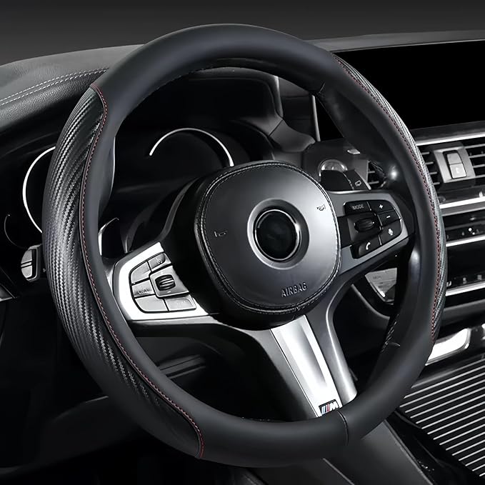 Premium Leather Steering Wheel Cover with Carbon Fiber Texture, Non-Slip Grip, Universal Fit for 14.5-15 Inch Wheels