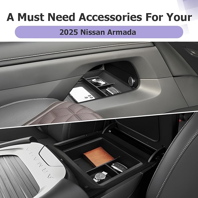 LUWU 2026 Armada Center Console Organizer Tray Compatible with 2025 2026 Nissan Armada Accessories 2025 2026 Armada SV/SL/Platinum Armrest Console Organizer Armrest Organizer Insert Tray Black 2-Pack