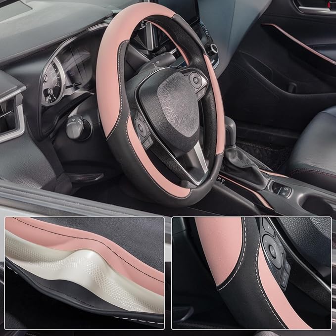 SEG Direct Car Steering Wheel Cover for Women Men, Standard Size 14.5-15 inch (37-39 cm), Auto Interior Accessories, Black and Pink