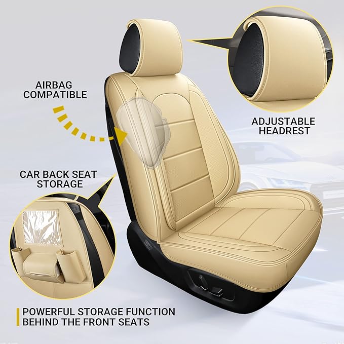 AOOG Leather Car Seat Covers with Car Backseat Organizer, Universal fit Automotive Vehicle Most Sedan SUV Pick-up Truck (Full Set, Beige)