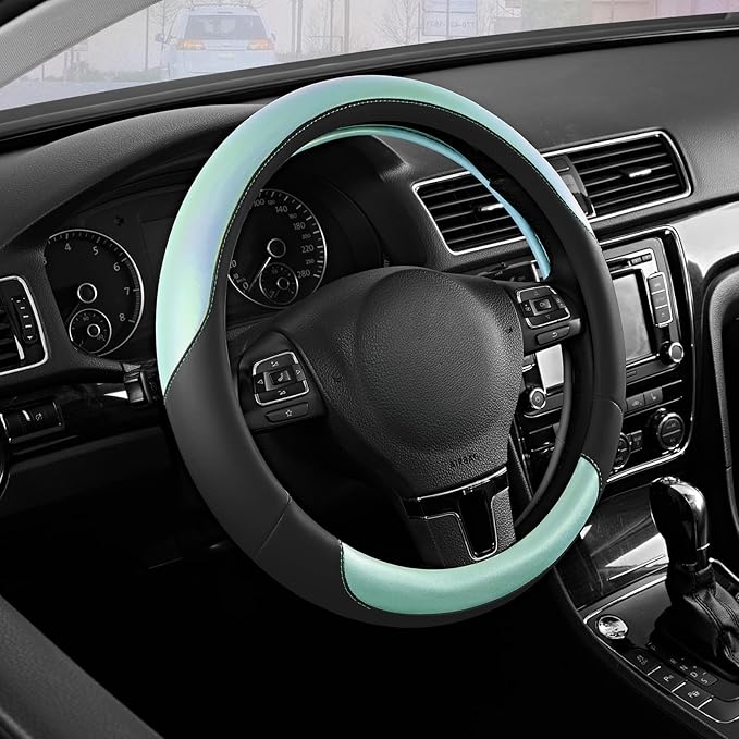 Road Comforts Steering Wheel Cover – Breathable Leather Steering Wheel Cover, Anti-Slip Grip, Universal Fit 14.5” to 15”, Heat & Cold Resistant for Cars, SUVs, and Trucks – Black & Shining Light Blue