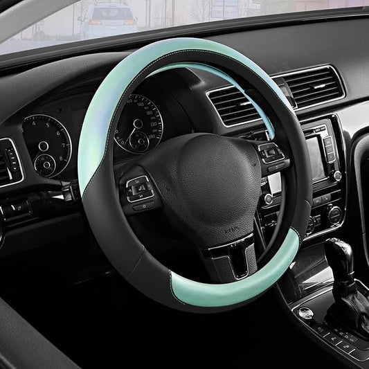 Road Comforts Steering Wheel Cover – Breathable Leather Steering Wheel Cover, Anti-Slip Grip, Universal Fit 14.5” to 15”, Heat & Cold Resistant for Cars, SUVs, and Trucks – Black & Shining Light Blue