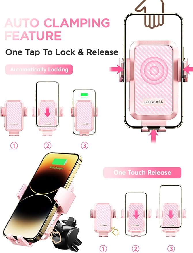 Wireless Car Charger, JOYMASS 15W Fast Charging Auto Clamping Car Charger Cell Phone Holder Mount Vent for iPhone 15 14 13 12 Mini Pro Max, Samsung Galaxy S24 Ultra S23 S22 S21+ Note 20, etc - Pink