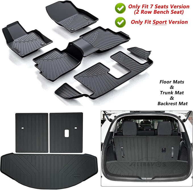 Floor Mats & Trunk Mat (Only Fit Sport Version) for 2016-2022 2023 Mazda CX-9 CX9 (7 Seats-2 Row Bench Seat),TPE All Weather Protection Floor Liners & Cargo Liners & Backrest Mat